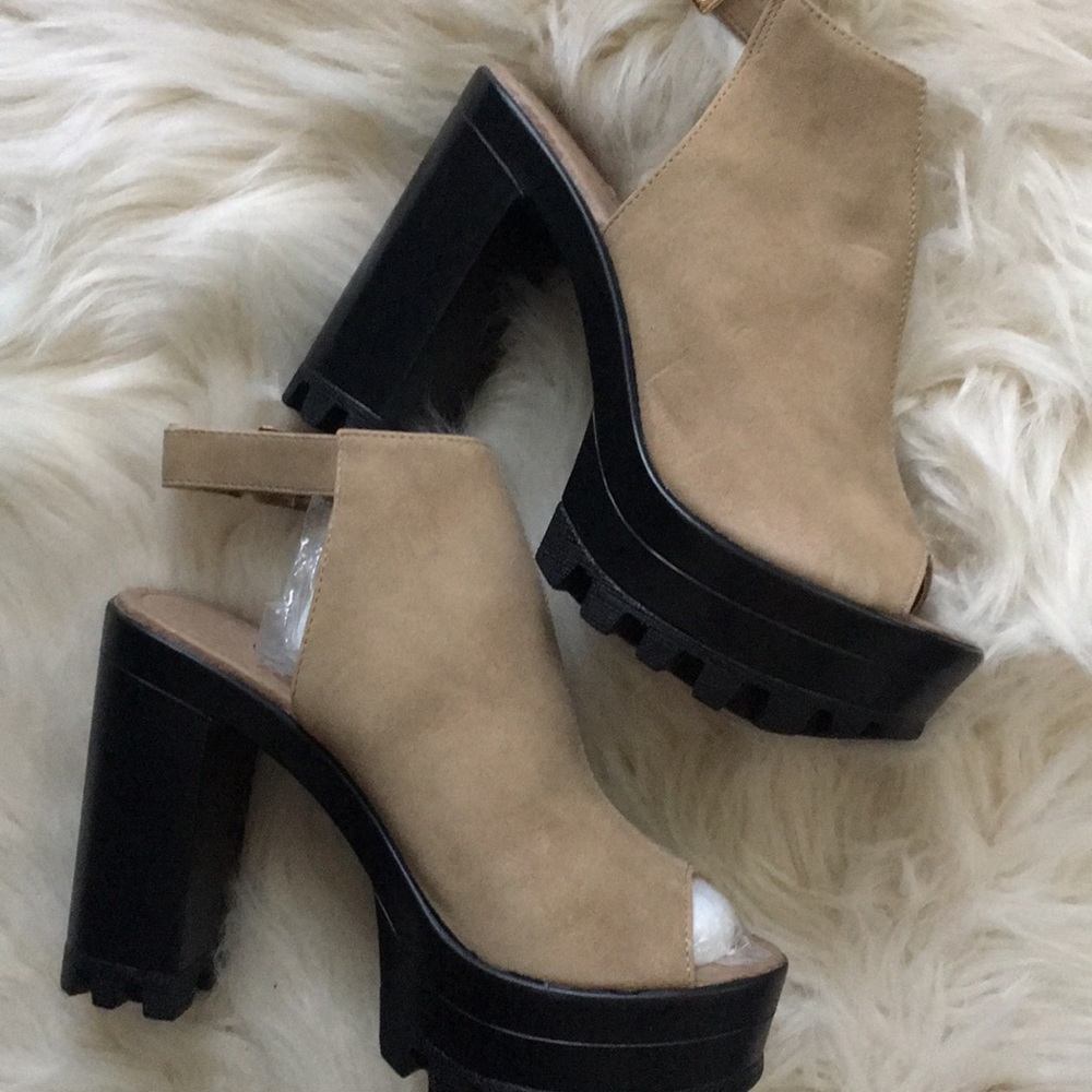 Tan colored platform sling back heels